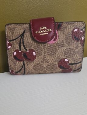 COACH Cherry Print Canvas Wallet with Burgundy Trim